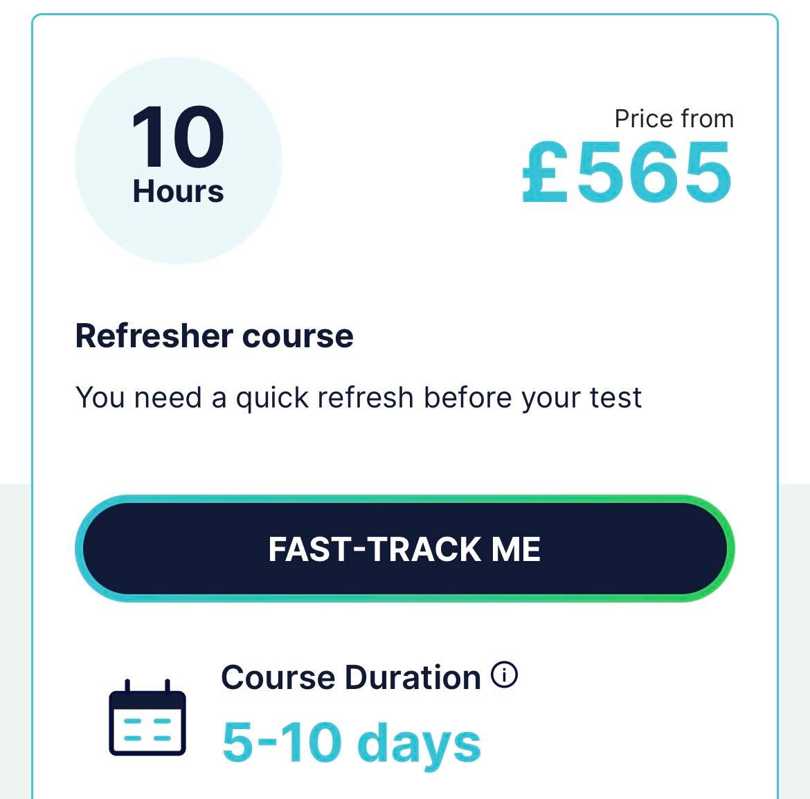 10 hour intensive driving course — from £565, refresher course, 5-10 days
