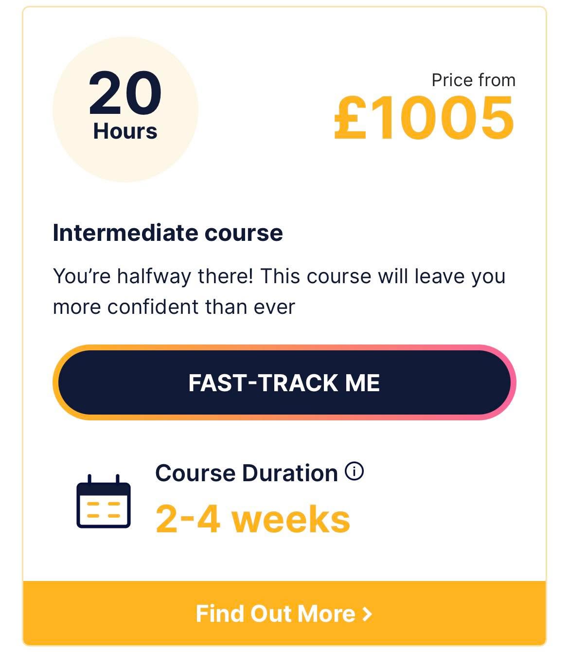 20 hour intensive driving course — from £1005, intermediate, 2-4 weeks