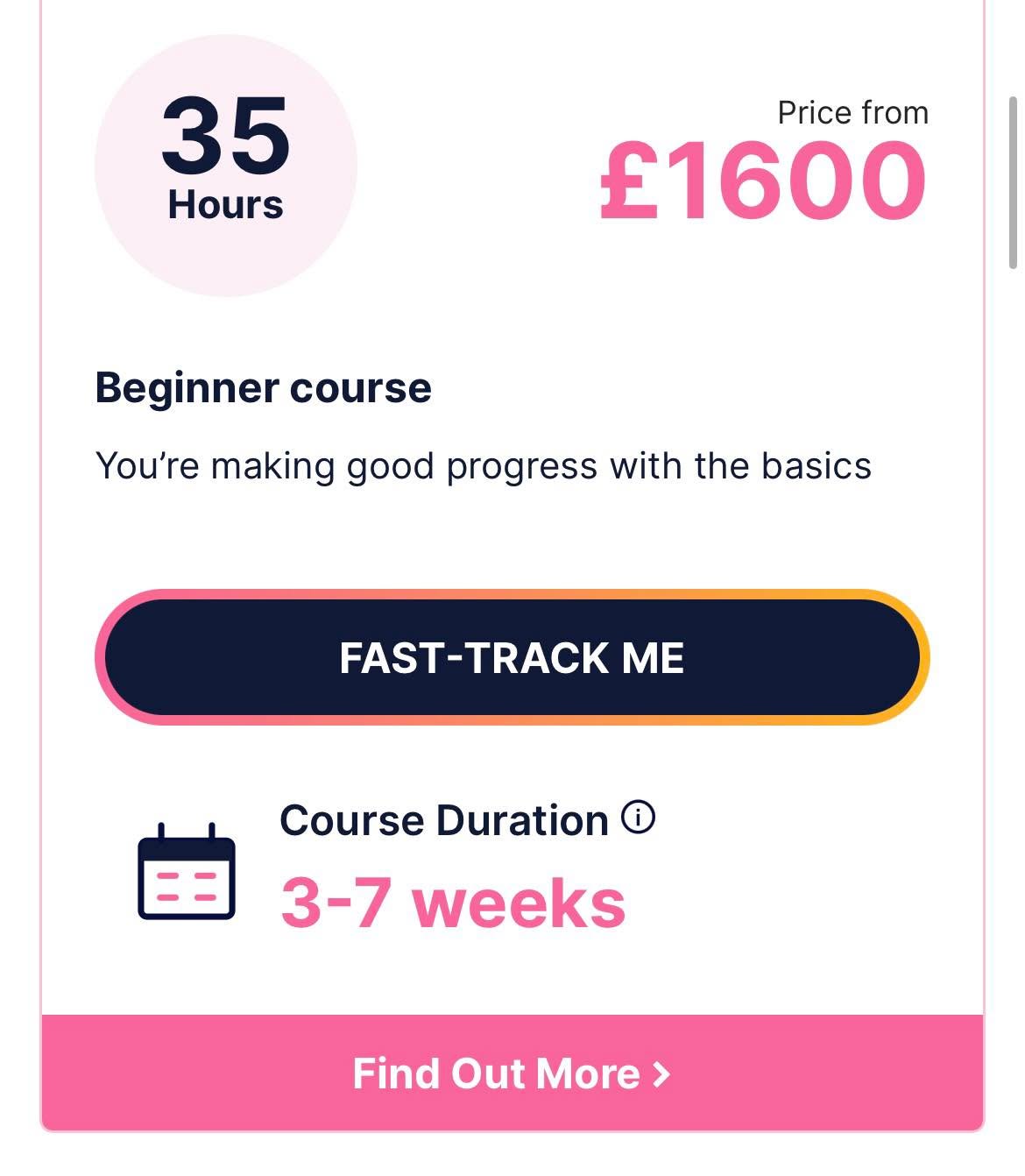 35 hour intensive driving course — from £1600, beginner, 3-7 weeks